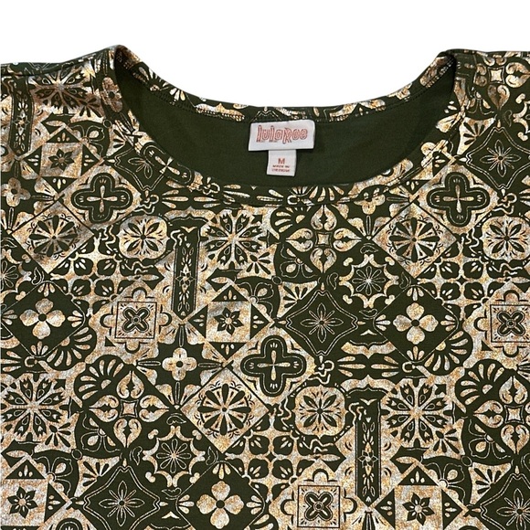 Lularoe Swing Dress Size Medium Green Cream Gold Metallic Shimmer Round Neckline - Picture 2 of 7